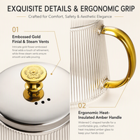 Teko Teh Kaca Bergaris Tahan Panas 350ml 500ml 800ml 1000ml Gagang Emas dengan Infuser Pembuat Teh Modern