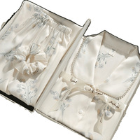 Pyjama d'été en soie de mûrier à manches courtes pour femme, motif chat et fleurs, ensemble coffret cadeau, vêtements d'intérieur pour meilleures amies
