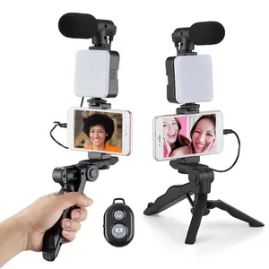 2024 plus récent AY-49 Kit de fabrication vidéo Selfie Stick LED support de téléphone Support de téléphone portable LED trépied Microphone support de téléphone avec LED