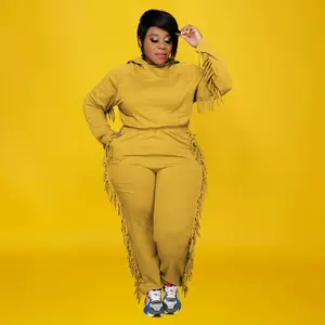 Püskül dokunmamış dokuma yöntemi ile rahat artı boyutu kadın giyim katı desen Hoody eşofman takımı - Product Image 2