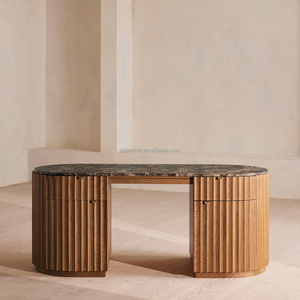Escritorio Escultural de Roble Acanalado con Tapa de Mármol Natural, <span class=keywords><strong>Mesa</strong></span> de Oficina de 2 Cajones y 2 Puertas, Lujo para Proyectos de Interiores de Penthouse - Product Image 3