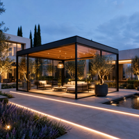 Gazebo Moderno con Estructura de Aluminio y Techo de Cristal, Pabellón Exterior con Techo Corredizo, Puerta Corrediza de Cristal, Pérgola Impermeable para Jardín, Patio o Terraza