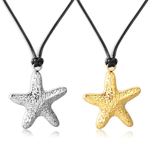 Collier pendentif étoile en alliage de zinc couleur argent et or avec chaîne en corde cirée pour hommes et femmes, chaîne de pull tendance, style décontracté - Product Image 4