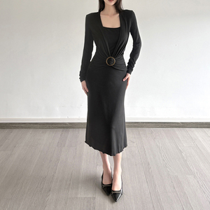 Vestido Midi Elegante para Mujer, de Color Sólido, Elástico, Ajustado, de Manga Larga, con Cintura Natural, Silueta Ajustada, Estilo Casual - Product Image 5