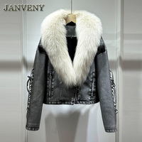 JANVENY 2024 nouveau hiver réel col en fourrure de renard Faux cuir veste courte femmes bras sangle fermeture éclair lâche chaud lavé PU cuir manteau