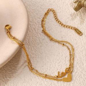 Double Layer Heart Love Pendant <b>Anklet</b> For Women <b>Gold</b> Zinc Alloy Minimalist Trendy Foot Ornament Gift Style - Product Image 3