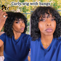 Wig Rambut Manusia Curly Wave Bang, Rambut Virgin Brazil Water Wave, Wig Keriting Tanpa Lem untuk Wanita, Hitam Alami