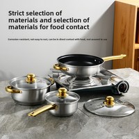 Set Peralatan Masak Stainless Steel 12 Buah Impor, Panci Sup, Panci Susu, Wajan, Gagang Emas, Tutup Kaca, Cocok untuk Semua Jenis Kompor