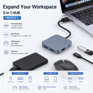 Hub <span class=keywords><strong>USB</strong></span> C A 5 en 1 en aluminium, 5 Gbps, 2 ports hôte doubles vers 3 <span class=keywords><strong>USB</strong></span> 3.0, 2 ports Type C, avec port de charge 5V 4A pour ordinateur portable - Product Image 5