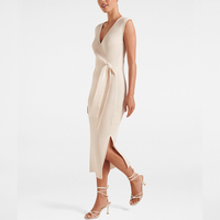 OEM-Robes élégantes pour femmes, couleur unie, blanc crème, col en V, robe midi tricotée avec ceinture