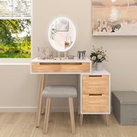 Coiffeuse moderne en bois avec miroir éclairé, tabouret, 4 tiroirs, 3 modes d'éclairage réglables, design panneau pour chambre et salon
