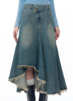 OEM ODM Dames Taille Haute Hanche Genou Longueur Queue de Poisson Sexy Denim Jupe de Lavage de Singe Décontracté Avant Court et Dos Long Style Irrégulier