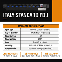 Multiprise robuste en aluminium 16A, type Italie, pour montage en rack 19 pouces, 7 prises, angle de 45 degrés, câble de 2m, certifiée CE RoHS GS