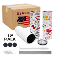 Lot de 12 gobelets isothermes droits et fins en acier inoxydable de 20 oz, blancs, pour sublimation, avec paille – Entrepôt USA