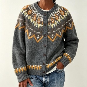 Cárdigan de punto para mujer, mezcla de lana de alpaca, con botones, cuello redondo, manga larga, diseño Fair Isle - Product Image 6