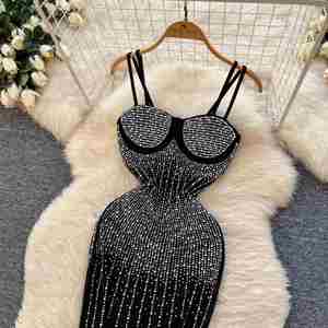 เดรสลำลองทรงเข้ารูปแบบไม่มีสายคล้องไหล่สำหรับผู้หญิง แขนกุด สีพื้น ผ้าทอธรรมชาติ ระบายอากาศได้ดี เป็นมิตรกับสิ่งแวดล้อม แต่งลูกไม้ลายเพชร สีดำ - Product Image 2