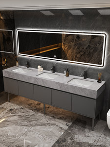Ensemble de meubles de salle de bain modernes à double vasque pour toilettes publiques, meuble-lavabo mural en marbre, résistant à l'eau, facile à nettoyer, style ferme - Product Image 3