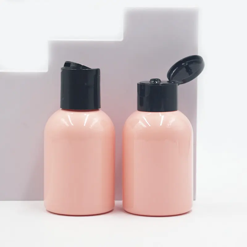 Оптовая продажа, прозрачная розовая круглая косметическая бутылка 100 мл с откидной крышкой для лица