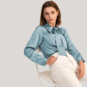 Momme-camisa de seda con lazo para mujer, blusa femenina de seda 100% pura de morera, OEKO-TEX 19