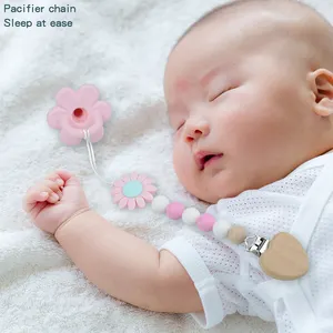 Hot Sales Customized Non-toxic Beech Wood Anti-lost Chain Silicone Pacifier Holder Chain For Baby Toy