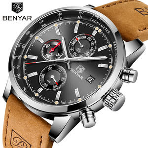 Montre pour homme Benyar Chronograph avec boîtier en alliage, bracelet en cuir, boucle en acier inoxydable, 13 mm, étanche 30 m, verre traité, cadran avec date, quartz - Product Image 1