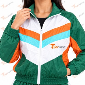 <b>Women</b> Green Orange Solid Tracksuit Set Zip-Up Windbreaker Jacket Long <b>Pants</b> Two-Piece Sportswear 100% Polyester Breathable - Product Image 5