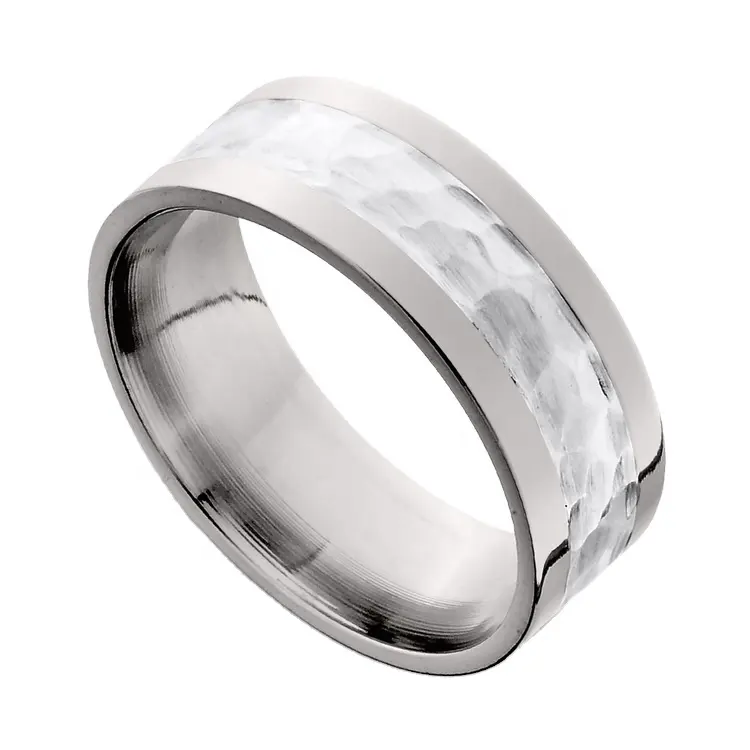 Fabrikant Eenvoudig Ontwerp Vinger Ringen Sieraden Inlay Kanaal Gehamerd Gepolijst Custom Silver Wedding Ring Mannen
