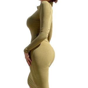 Vestidos de Punto Personalizados OEM de Alta Calidad para Mujer, Otoño Invierno, Ajustados, Elásticos, Manga Larga, Cuello Polo, Color Sólido - Product Image 6