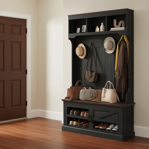 Appendiabiti 3 in 1 in legno nero con scarpiera e panca ingresso, cinque ganci, stile rustico, mobile da soggiorno - Product Image 2