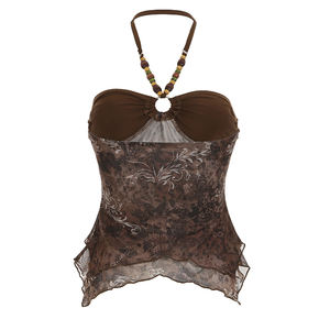 Top de tirantes con cuello halter para mujer, estilo Y2K vintage, floral, de punto transpirable, de elastano/poliéster, con cuentas, estampado y doble capa de malla. - Product Image 6