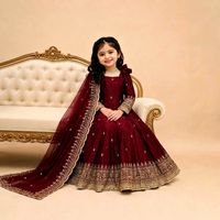 Ensemble de robe Anarkali pour enfants de couleur marron, brodé, style indien pakistanais, avec dupatta, pour mariage et fêtes