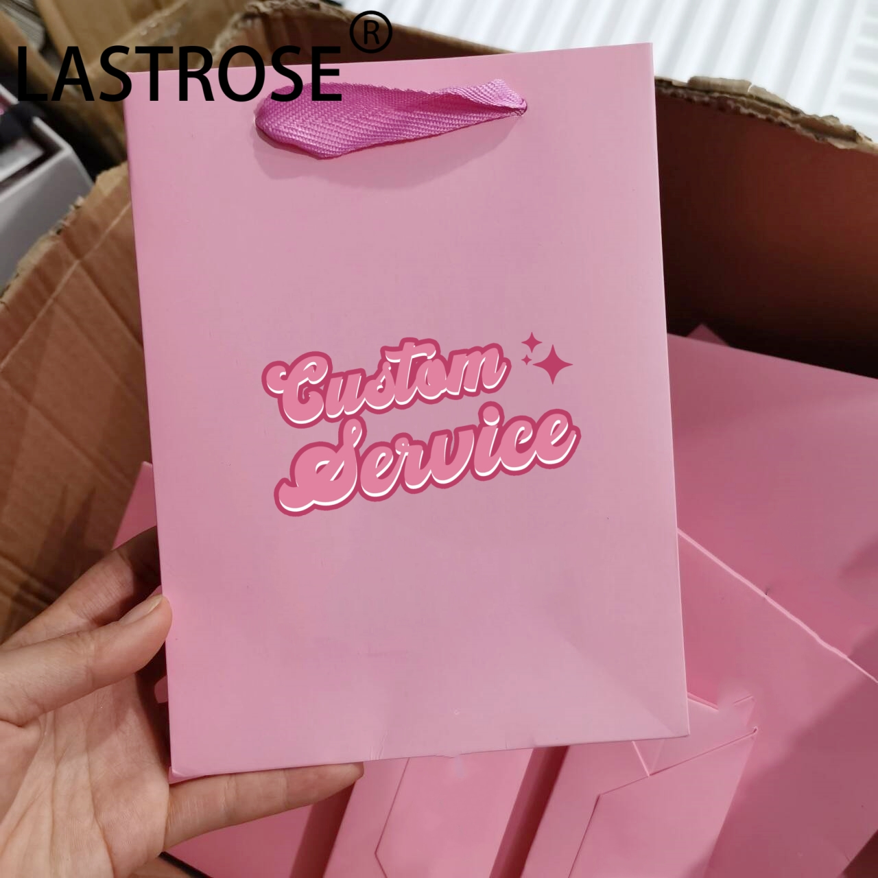 Private label luxo rosa papel bolsa cílios embalagem saco com alça atacado shopping bag