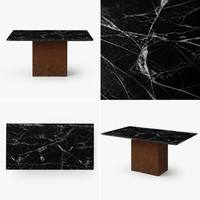 Table à manger moderne de haute qualité avec plateau en marbre noir et base en métal rouillé, personnalisable, 6 places, rectangulaire, pour maison ou villa