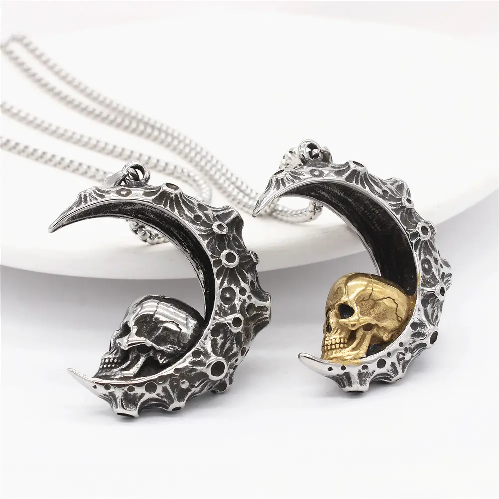 Punk Style Vintage 316L Stainless Steel Rough Surface Skull Head Moon Pendant Necklace for Men