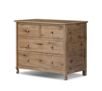 Commode rustique à 4 tiroirs en bois clair avec poignées en bois pour chambre à coucher