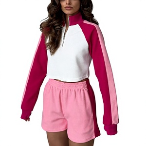 Conjunto Deportivo de 2 Piezas para Mujer, Color Block, Top Corto de Manga Larga de Punto Acanalado y Pantalones Cortos Elásticos, Ropa Casual de Primavera/Verano - Product Image 2