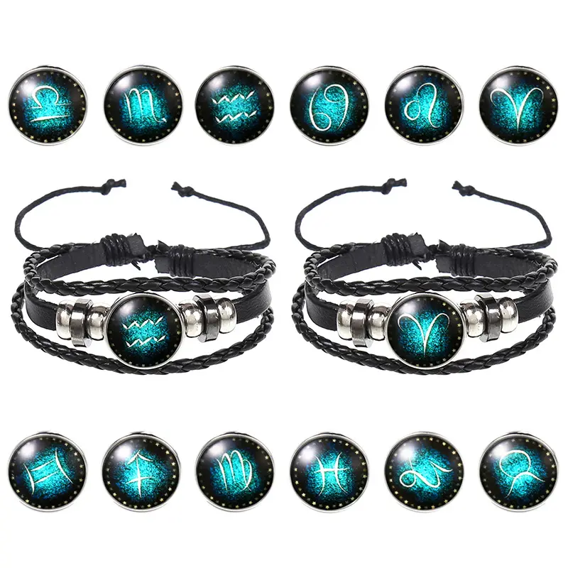 Pulsera tejida multicapa ajustable con signo de horóscopo Punk 12, brazalete de cuero negro luminoso con gema de cristal para parejas, venta al por mayor