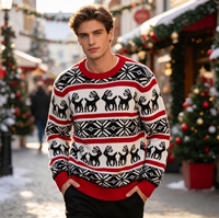 Pull en tricot Fair Isle pour homme, col rond, motif renne et flocon de neige, manches longues, pull de fête festif