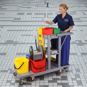 Heavy Duty Housekeeping Cart With 4 Swivel <b>Wheels</b> <b>Plastic</b> Material 3 Shelves Open Design Indoor Use - Product Image 1