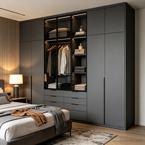 Système de rangement modulaire personnalisé pour armoire et placard avec éclairage intégré et multiples compartiments pour chambre de villa - Product Image 1