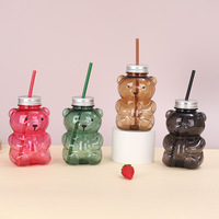 Bouteille de boisson en plastique PET de qualité alimentaire, jetable, en forme d'ours, 500 ml, 700 ml, avec couvercle et paille pour jus, café, lait