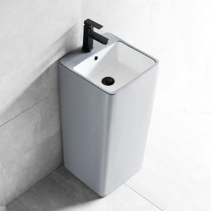 Lavabo de Cerámica Gris con Pedestal, Rectangular, de un Solo Orificio, para Colocar en el Suelo, con Acabado Liso - Product Image 2