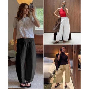Pantalon large pour femme, coupe baril, taille haute, en coton, décontracté, avec poches, pour l'été - Product Image 5
