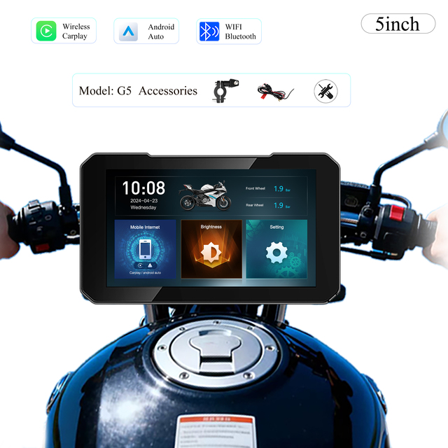 GallopSprite Portable 5-Inch GPS Navigator Motorcycle Infotainment System Wireless CarPlay Android Auto Waterproof Touchscreen