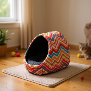 บ้านแมวโยมมี่ 40x34x33 ซม. ลายซิกแซกสีสันสดใส เตียงสัตว์เลี้ยงสำหรับแมวในบ้าน รังนอนแสนสบาย - Product Image 3