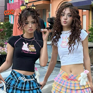 เสื้อยืดครอปคอกลมพิมพ์ลายหมีและกระต่ายน่ารักสำหรับผู้หญิง - Product Image 5