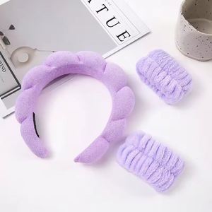 Ensemble de bandeaux torsadés en éponge à couronne haute pour femme, style doux, en tissu éponge, pour le lavage du visage, le maquillage et le spa, avec bracelets - Product Image 5