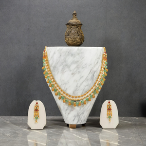 Traditional Gold Layered Necklace <b>Set</b> with Green <b>Beads</b> and Matching Earrings - Product Image 1