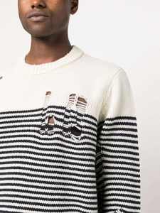 Pull personnalisé en tricot ample à rayures avec col rond et pull à manches longues rétro en détresse pour hommes - Product Image 4