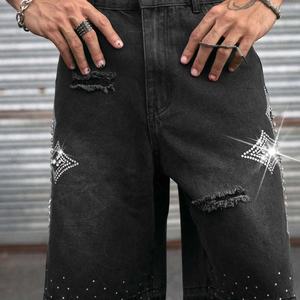 Shorts en jean décontractés pour homme, coupe droite, style vintage, délavé, déchiré, avec motif graphique personnalisé et strass - Product Image 2